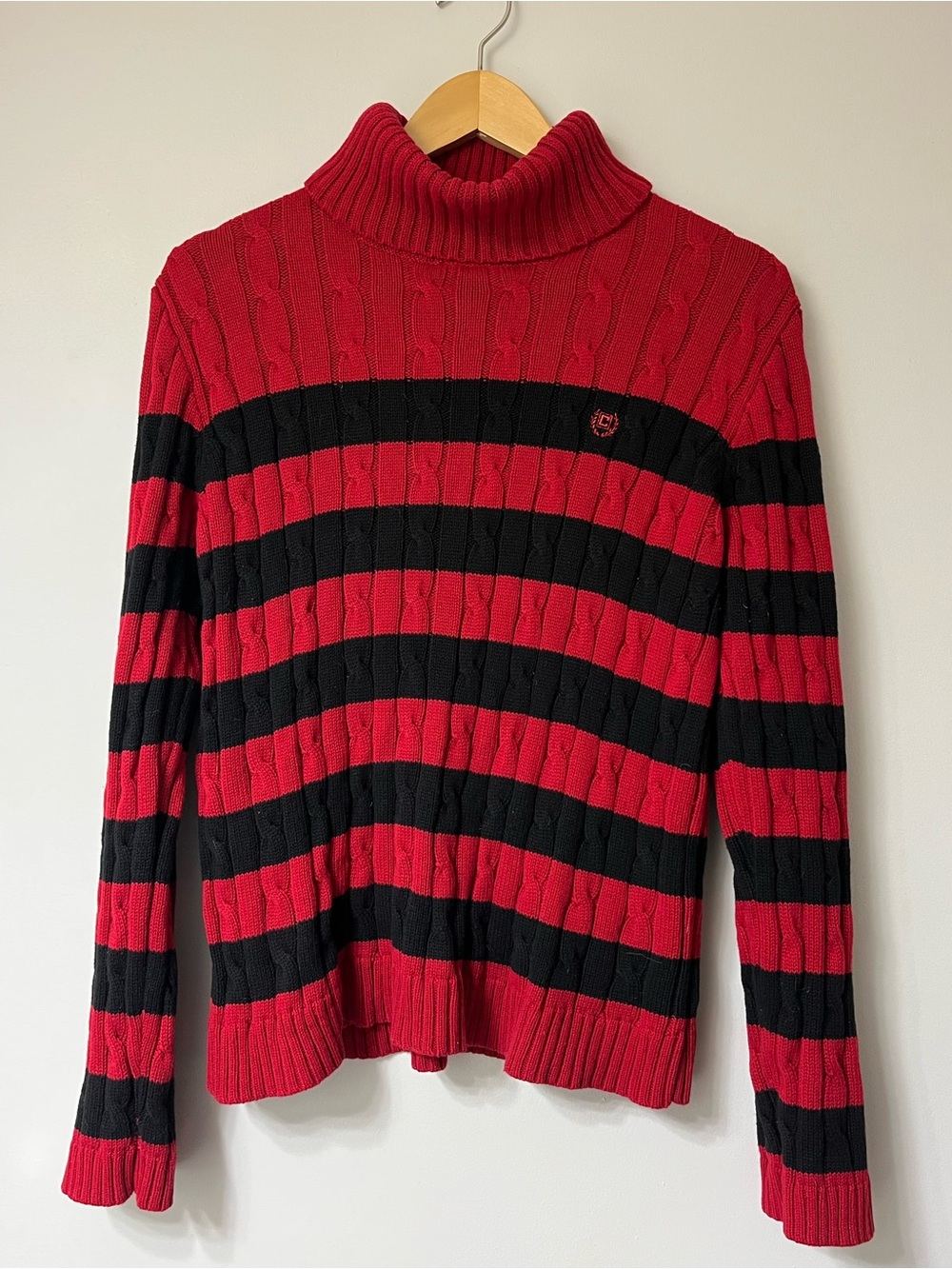 Vintage Style CHAPS Red & Black Striped Cable Knit Turtleneck Sweater Sz L